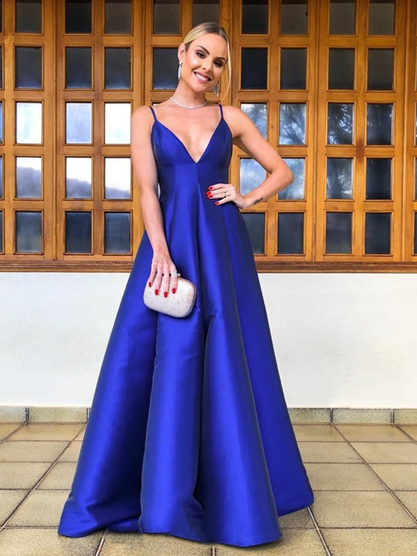 Royal Blue Satin Spaghetti Strap Backless A-line Prom Dresses,PD00376