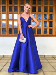 Royal Blue Satin Spaghetti Strap Backless A-line Prom Dresses,PD00376