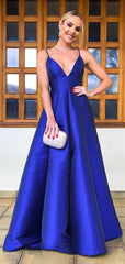 Royal Blue Satin Spaghetti Strap Backless A-line Prom Dresses,PD00376