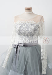 See Through Neckline Off Shoulder Lace Grey Tulle Long Sleeve Homecoming Dresses ,BD00228