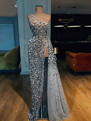 Sparkly Silver Beaded One Shoulder Party Prom Dresses,PD00141