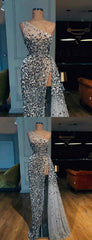 Sparkly Silver Beaded One Shoulder Party Prom Dresses,PD00141