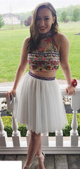 White Two Piece Embroidery High Neck Open Back Homecoming Dresses ,HD0018