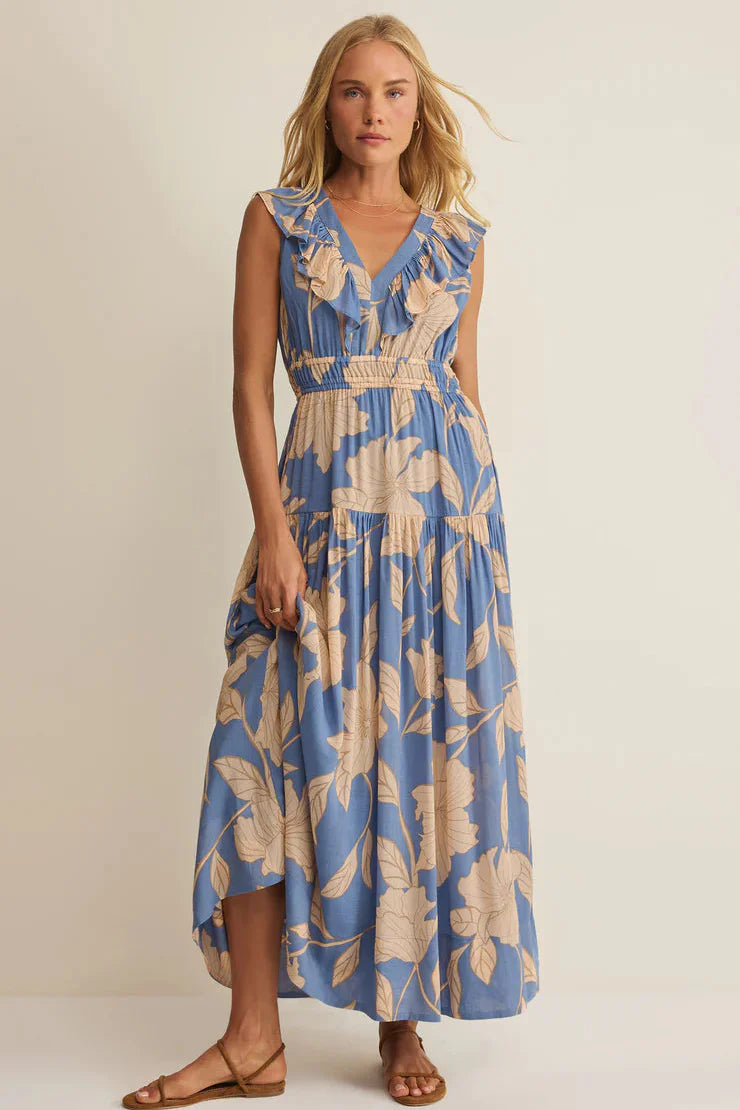 Z SUPPLY - MALENE BLOOM FLORAL MAXI DRESS LAKE BLUE