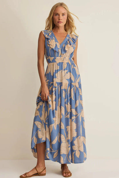 Z SUPPLY - MALENE BLOOM FLORAL MAXI DRESS LAKE BLUE