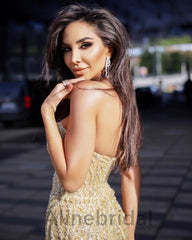 Sexy Champagne Gold Strapless Sheath Long Prom Dress, PD3602