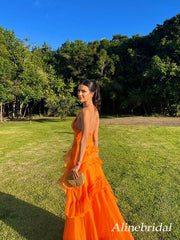 Elegant Orange Ruffles V-neck A-line Tulle Evening Dress, Prom Dress, PD2823058
