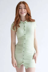 Sage Button Down Ruched Shirt Dress