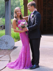 Elegant Purple Tulle Strapless Long Prom Dress with Lace Applique, Evening Dress, PD382279