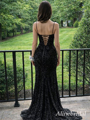 Sparkly Black Sequins Mermaid Prom Dress with Slit, Evening Dress, PD3823042
