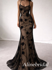 Sexy Black Floral Lace Illusion V-Back Mermaid Prom Dress, Evening Dress, PD3823033