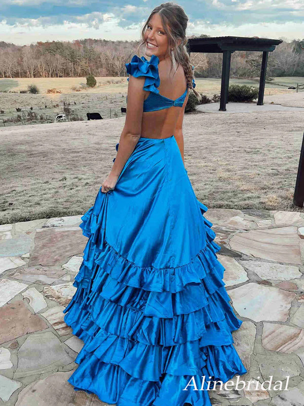 Elegant Blue V-neck Ruffles A-line Long Prom Dress, Evening Dress, PD3649