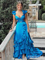 Elegant Blue V-neck Ruffles A-line Long Prom Dress, Evening Dress, PD3649