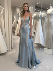 Elegant Blue Rhinestone V-neck A-line Tulle Evening Dress, Prom Dress, PD2823059