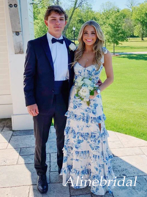 Elegant Blue Floral Printed Ruffles Tiered A-line Prom Dress with Slit, Evening Dress, PD3823027