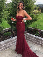 Elegant Burgundy Tulle Sweep Train Mermaid Evening Dress, Lace Applique Prom Dress,  PD382242