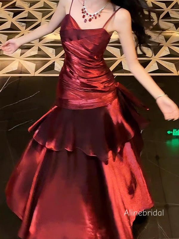 Elegant  Burgundy Spaghetti Straps Ruffles Maxi Prom Dress, Formal Dress, PD382286