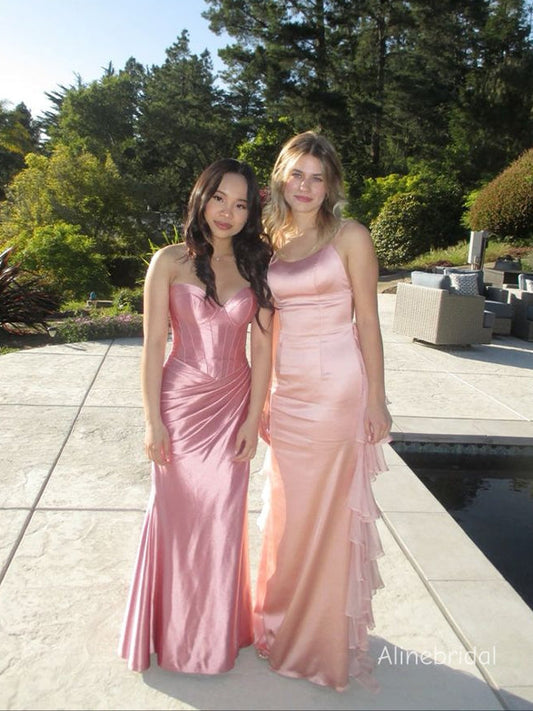 Elegant Strapless  Corset Top Pleated Pink Soft Mermaid Prom Dress，Formal Dress, PD382272
