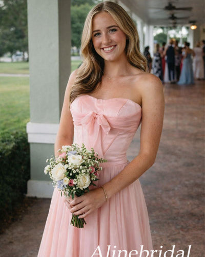 Elegant Pink Satin Strapless Corset A-line Prom Dress, PD3823020