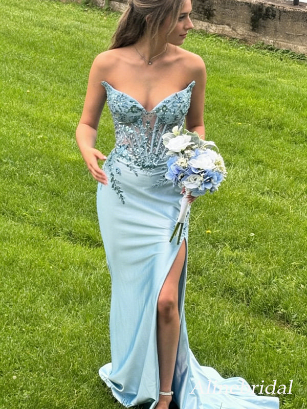 Stunning Blue Lace Appliques Strapless Mermaid Prom Dress with Slit, Evening Dress, PD3823045