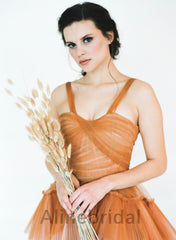 Elegant Orange Off the Shoulder Sleeveless A-line Layered Tulle Prom Dress, PD3600