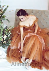 Elegant Orange Off the Shoulder Sleeveless A-line Layered Tulle Prom Dress, PD3600