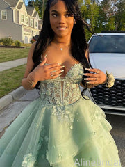 Gorgeous Green Corset A-line Tulle Prom Ball Gown with Floral Appliques, Evening Dress, PD3823008
