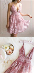 Elegant Dusty Rose V Neck Lace A Line Short Homecoming Dress, BTW273