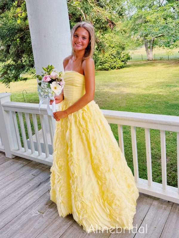 Gorgeous Yellow Strapless Pleated A-line Tulle Prom Dress, Evening Gown, PD382289