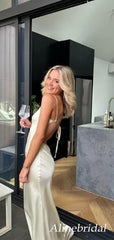 Elegant Ivory Satin V-Neck Backless Long Prom Dress, Tie Back Evening Dress, PD3823024