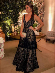 Elegant Black V-neck Sleeveless A-line Black Long Lace Prom Dress, PD3654