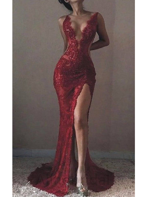 Sexy Burgundy V-neck Beading Mermaid Long Prom Dress with Slit, PD3634