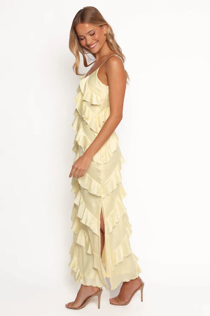 PETAL & PUP - CIAO RUFFLES MAXI SATIN DRESS PALE YELLOW