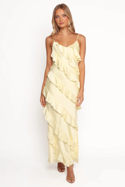 PETAL & PUP - CIAO RUFFLES MAXI SATIN DRESS PALE YELLOW
