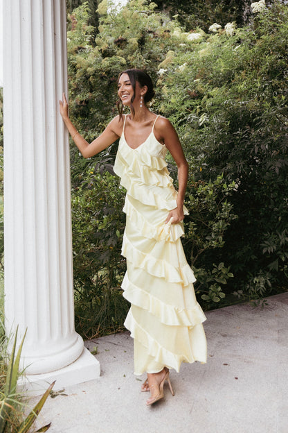 PETAL & PUP - CIAO RUFFLES MAXI SATIN DRESS PALE YELLOW