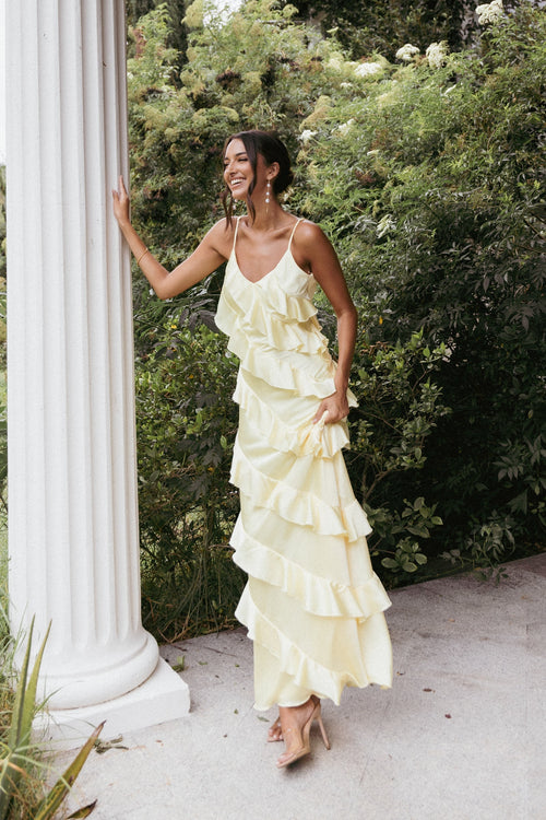 PETAL & PUP - CIAO RUFFLES MAXI SATIN DRESS PALE YELLOW