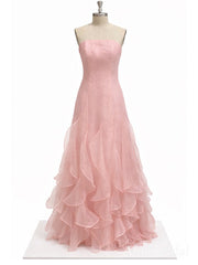 Elegant Yellow Tulle Strapless Ruffles A-line Long Prom Dress, Evening Dress, PD3823017
