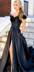 Fashion Black Satin Applique A Line Long Evening Prom Dresses, PD0037