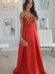 Red Floral Strapless Satin Open Back A Line Long Evening Prom Dresses, PD0035