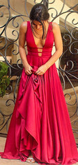 Simple Rose Red Deep V Neck Open Back A Line Long Evening Prom Dresses, PD0009