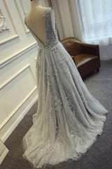 Long Custom Gray V-Back Scoop Tulle With Lace Appliques Party Prom Dresses,PD0083
