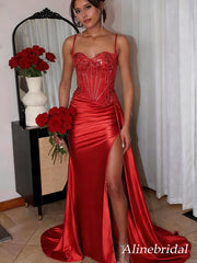 Sparkly Red Sequins Mermaid Prom Dress with Slit, Evening Dress, PD2823052