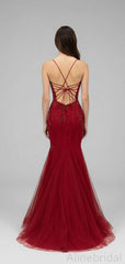 Stunning Red Lace Appliques Backless Mermaid Long Prom Dress with Slit, PD3823003