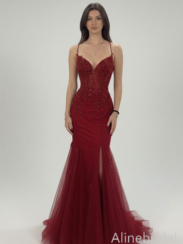 Stunning Red Lace Appliques Backless Mermaid Long Prom Dress with Slit, PD3823003