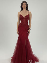 Stunning Red Lace Appliques Backless Mermaid Long Prom Dress with Slit, PD3823003
