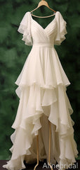 Elegant Ivory Chiffon Ruffles A-line Prom Dress, High Low Tiered Evening Dress, PD3822990
