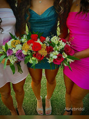 Shimmery Spagthtti Straps Ruched Teal Green Short Homecoming Dress, PD382273