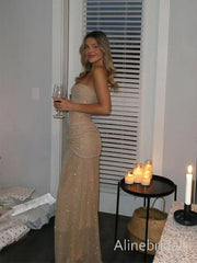 Sparkly Champagne Gold Strapless Mermaid Prom Dress, Evening Dress, PD382061