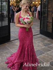Sparkly Pink Sequins Mermaid Prom Dress with Lace-Up Back, Evening Dress, PD3823014