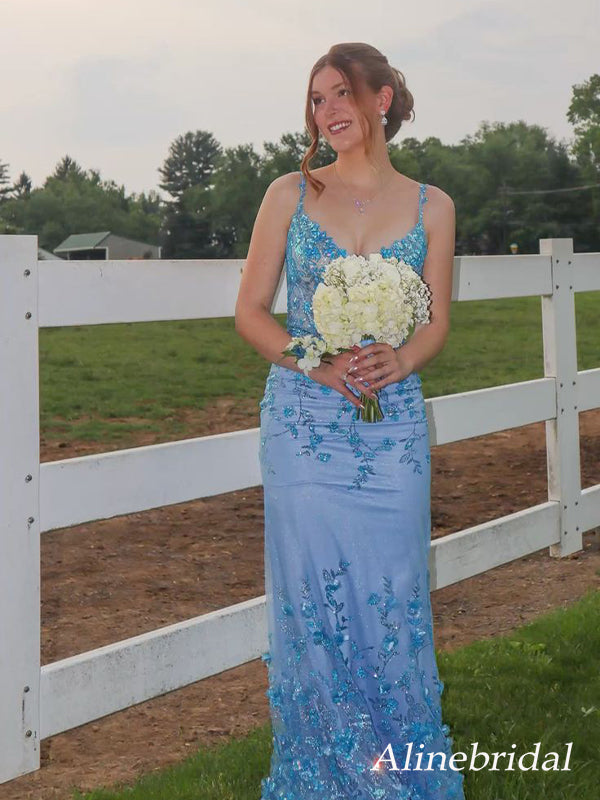Sparkly Blue Lace Mermaid Prom Dress with Corset Bodice, PD3823038
